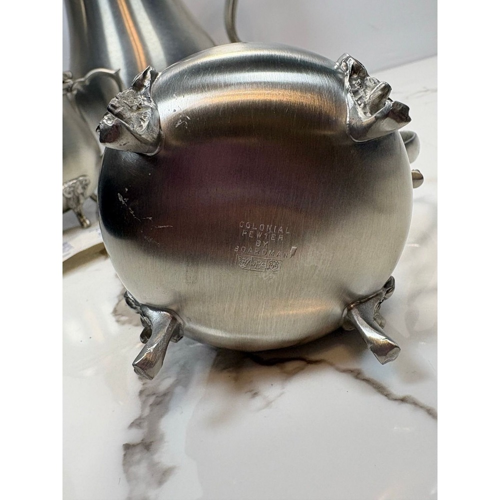 Boardman Pewter Tea Coffee Set‎ 3pc Rams Head Feet Teapot Sugar Creamer - Picture 11 of 12
